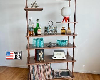 Mid Century Modern Custom Built Large Walnut Record & Bar Shelf