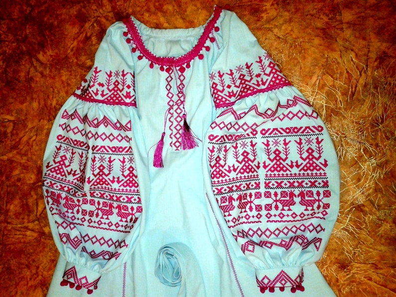 Ukrainian Pattern Boho Ethnic Vyshyvanka Vintage Embroidered Balloon Long Sleeve Maxi Full Dress Linen With Belt