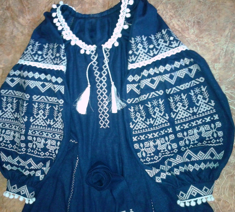 Ukrainian Pattern Boho Ethnic Vyshyvanka Vintage Embroidered Balloon Long Sleeve Maxi Full Dress Linen With Belt