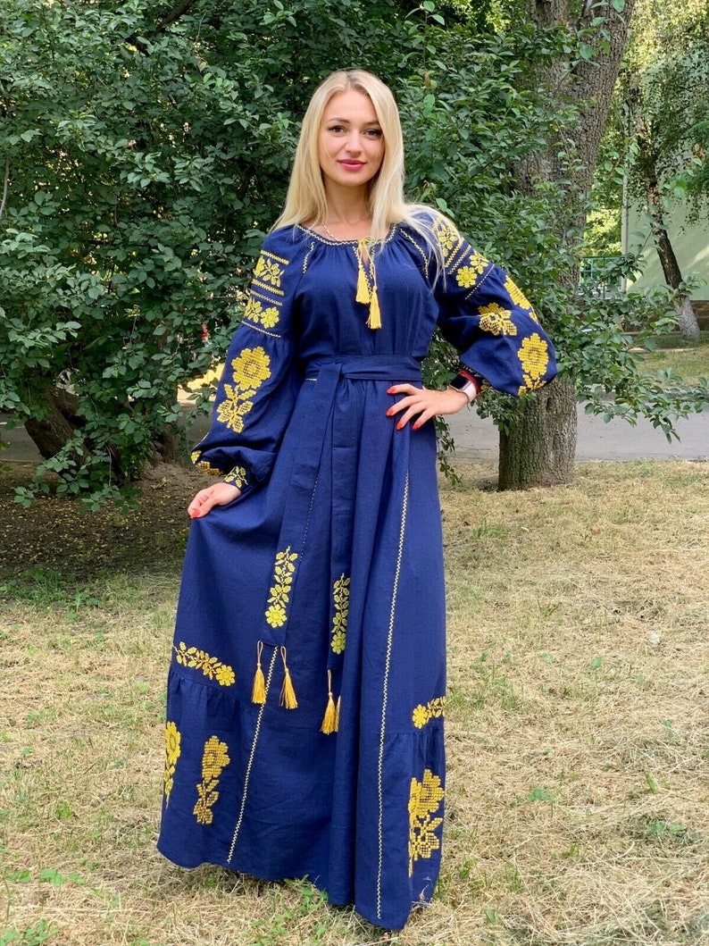 Embroidered Maxi Dress Ethnic Boho Chic Linen Ukrainian Ethno - Etsy