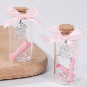 12 PC Pink Angel Wishing Jar Glass Bottle Container Baptism Favors, Bautizo Recuerdo, First Communion, Baby Shower, Christening Girl