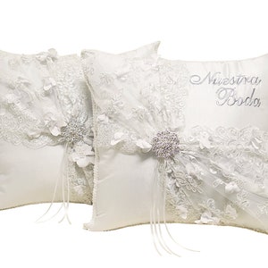 White Wedding Kneeling Pillows Set, Embroidered Nuestra Boda Kneeling Pillows, Satin and Lace Kneeling Pillows (Set of 2)