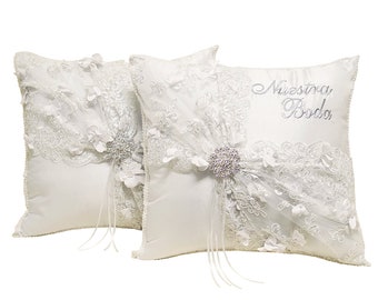 White Wedding Kneeling Pillows Set, Embroidered Nuestra Boda Kneeling Pillows, Satin and Lace Kneeling Pillows (Set of 2)