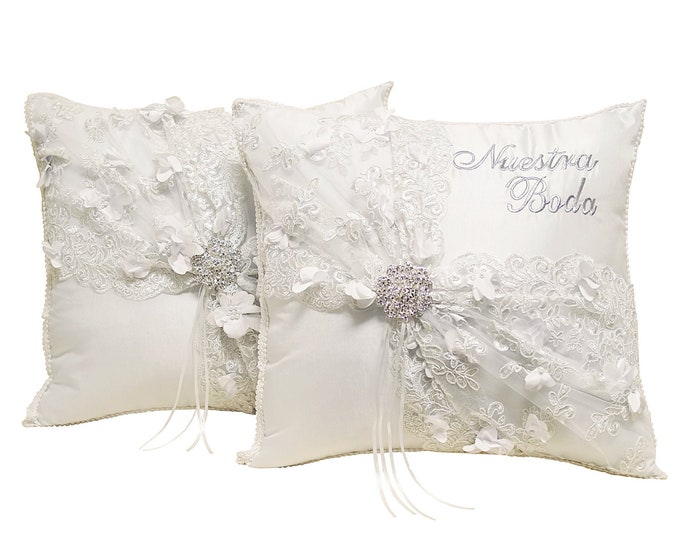 White Wedding Kneeling Pillows Set, Embroidered Nuestra Boda Kneeling