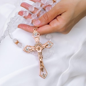 38&quot; Rose Gold Wedding Lasso Rosary - Crystal Wedding Lazo de Boda with Frosted Heart Beads - Handmade Lasso de Boda