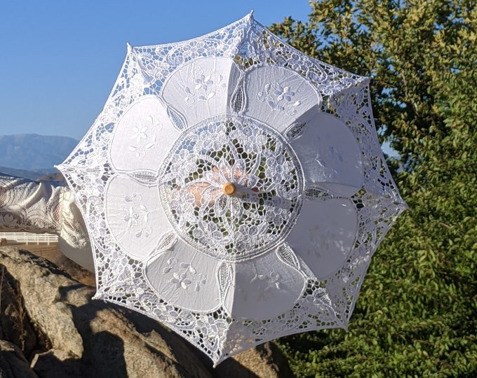 Small 20" White Vintage Cotton Lace Wedding Parasol Victorian Lace Parasol Wedding Ceremony Decoration, Bridal Shower Gift
