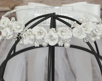 First Communion Headpiece - First Communion Veil with Flowers - First Communion Satin Flower Crown with Veil - Communion Veil Headpiece