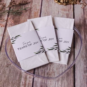 50 PC Tears of Joy Tissue Paper Sleeves, Wedding Tissue Decoration, Happy Tears Ceremony Favors, Greenery Design Handkerchief Church Tissue