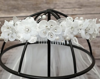 First Communion Veil and Headpiece - Girls Holy First Communion Headpiece with Veil - Communion Veil Flower Headpiece - Primera Comunion