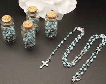 12PC Baptism Favors for Boys, Glass Bottle Full Size Blue Rosary Boy Baptism Favors, Rosary Favors for Baptism, Bautizo Recuerdos Rosario