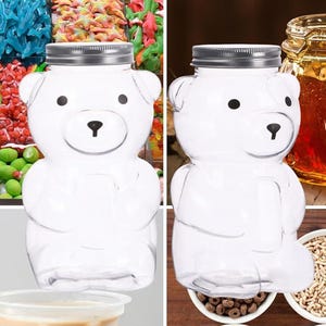 May include: A collage of food items including colorful candies, honey, milk tea with tapioca pearls, and various cereals. Two clear bear-shaped jars with silver lids are featured. The image is a mix of vibrant colors and textures.