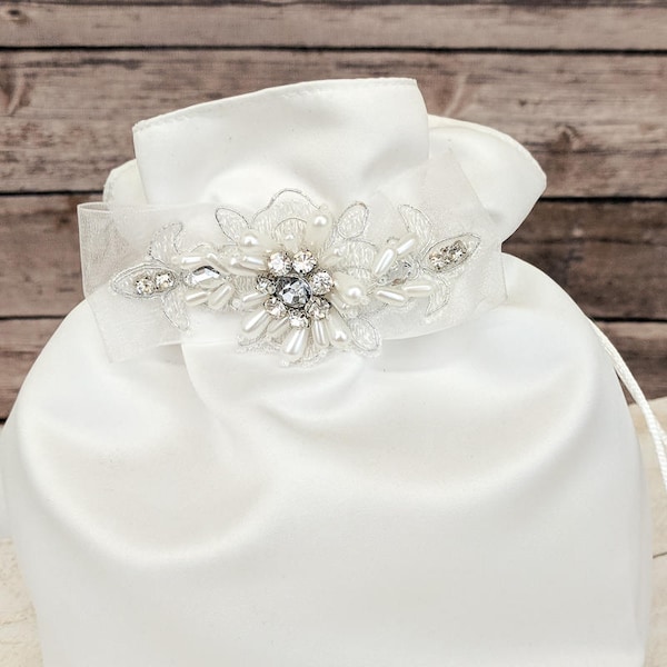 Crystal Pearl Brides Money Bag, Satin Wedding Money Dance Bag, Bride Dance Bag, Wedding Dollar Dance Bag, Wedding Money Bag, Bride Money Bag