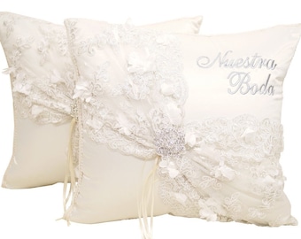 Ivory Wedding Kneeling Pillows Set, Embroidered Nuestra Boda Kneeling Pillows, Satin and Lace Kneeling Pillows (Set of 2)