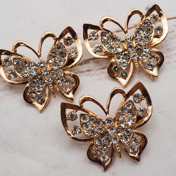 3PC Old Gold Butterfly Brooch Pin Embellishment, Bridal Wedding DIY Crafts, Quinceanera Sweet 15 16 Charm Bouquet Decoration 1040