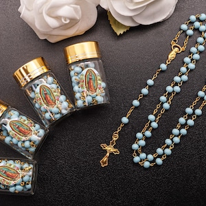 12 PC Gold Rosary with Blue Beads in 2" Glass Bottle Container Jar with Gold Metallic Lid Baptism Favors, Guadalupe Bautizo Recuerdo, niño