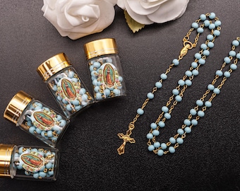 12 PC Gold Rosary with Blue Beads in 2" Glass Bottle Container Jar with Gold Metallic Lid Baptism Favors, Guadalupe Bautizo Recuerdo, niño