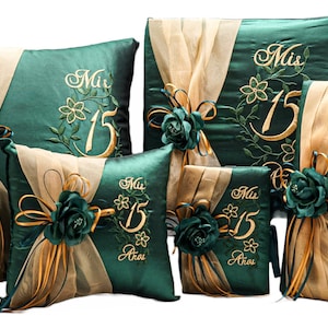 5PC Emerald Green Quinceanera Set Mis Quince Set Kneeling Pillow, Tiara Pillow, Guestbook, Photo Album, Spanish Bible, My Sweet 15
