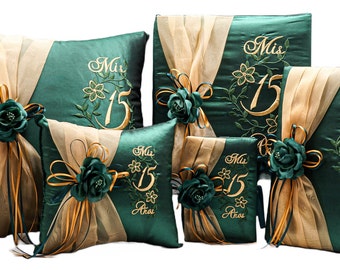 5PC Emerald Green Quinceanera Set Mis Quince Set Kneeling Pillow, Tiara Pillow, Guestbook, Photo Album, Spanish Bible, My Sweet 15