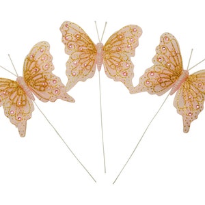 4 inch Wings Blush Glitter Monarch Feather Butterflies for Crafts DIY Mis Quince Quinceanera Wedding Wire Cake Topper - 12 PCS
