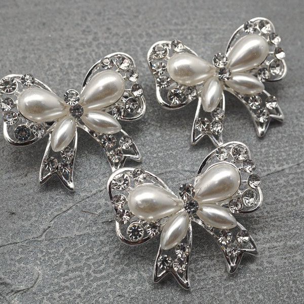 3PC Silver Bow Faux Pearl Brooch Pin Embellishment, Bridal Wedding DIY Crafts, Quinceanera Sweet 15 16 Charm Bouquet Decoration 1004