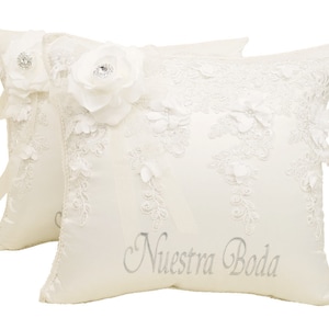 Ivory Wedding Kneeling Pillows Set, Embroidered Nuestra Boda Kneeling Pillows, Satin Kneeling Pillows (Set of 2)