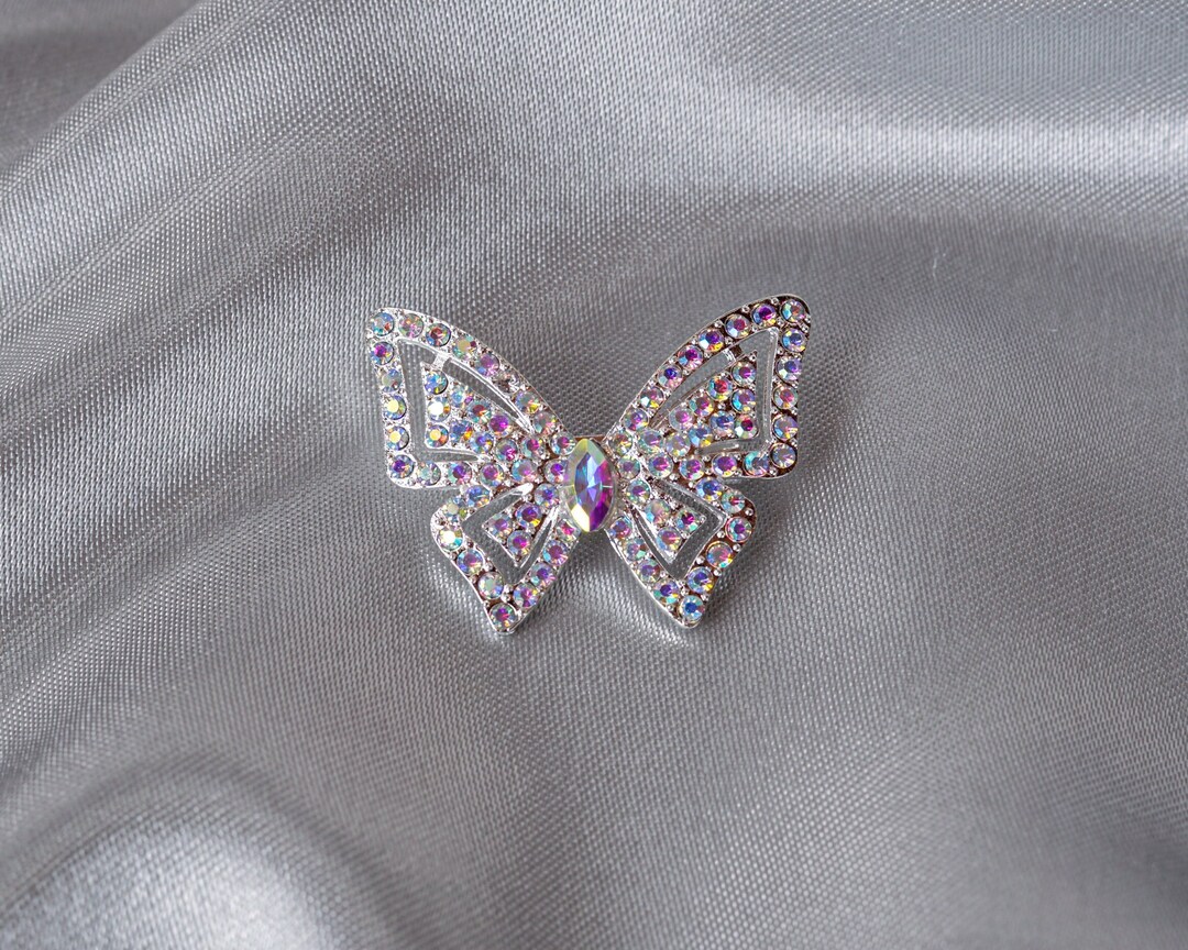 3 PC Silver Pointy AB Rhinestone Butterfly Brooch, Bridal Wedding ...