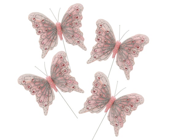 4 Inch Wings Light Pink Glitter Monarch Feather Butterflies for Crafts DIY  Mis Quince Quinceanera Wedding Wire Cake Topper 12 PCS 
