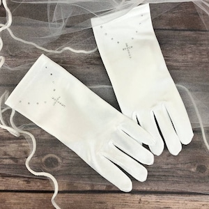 First Communion Gloves - Girls White Communion Wrist Length Gloves with Rhinestone Cross - Communion Accessories