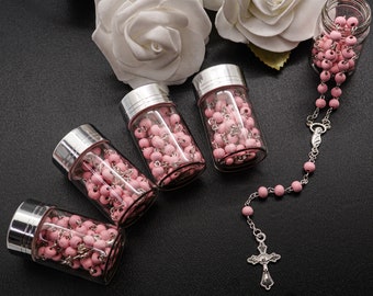 12 PC Silver Rosary with Pink Beads in 2" Glass Bottle Container Jar with Silver Metallic Lid Baptism Favors, Bautizo Recuerdo, niña