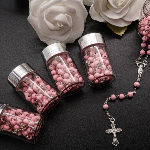 12 PC Silver Rosary with Pink Beads in 2" Glass Bottle Container Jar with Silver Metallic Lid Baptism Favors, Bautizo Recuerdo, niña