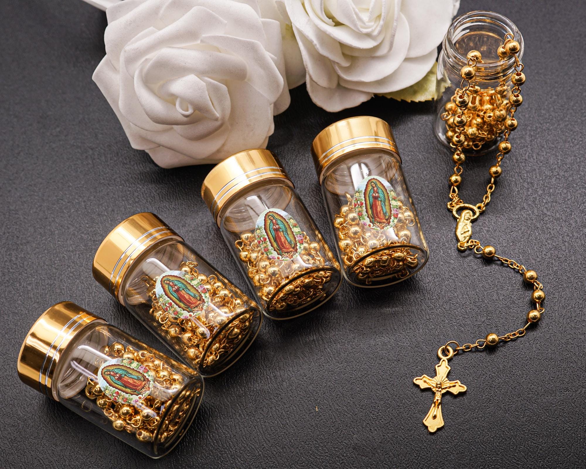 12 PC Gold Rosary in 2" Glass Bottle Container Jar with Metallic Lid Baptism Favors, Guadalupe Bautizo Recuerdo, niño / niña