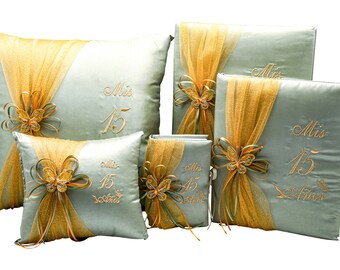 5PC Sage Green Quinceanera Set Mis Quince Set Kneeling Pillow, Tiara Pillow, Guestbook, Photo Album, Spanish Bible, My Sweet 15