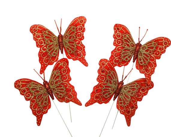 4 Inch Wings Red Glitter Monarch Feather Butterflies for Crafts DIY Mis  Quince Quinceanera Wedding Wire Cake Topper 12 PCS 