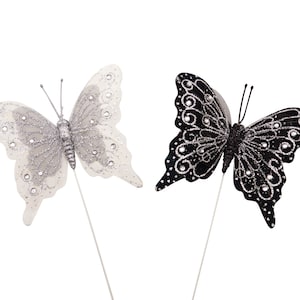 4 inch Wing Black and White MixedMonarch Feather Butterflies w Silver Glitter for Crafts DIY Quinceanera Wedding Wire Cake Topper - 12 PCS