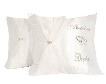 Wedding Kneeling Pillows - Nuestra Boda Kneel Pillows - White Satin Wedding Kneel Pillow - Cojine Para Boda- Set of 2