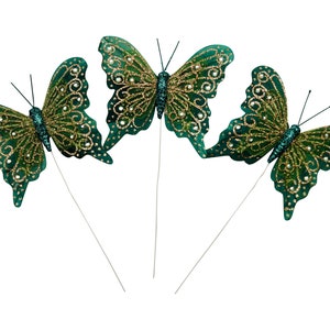 4 inch Wings Hunter Glitter Monarch Feather Butterflies for Crafts DIY Mis Quince Quinceanera Wedding Wire Cake Topper - 12 PCS
