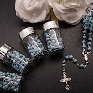 12 PC Silver Rosary with Blue Beads in 2&quot; Glass Bottle Container Jar with Silver Metallic Lid Baptism Favors, Bautizo Recuerdo, niño