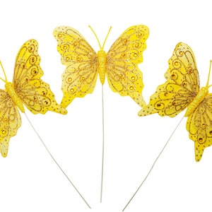 4 inch Wings Yellow Glitter Monarch Feather Butterflies for Crafts DIY Mis Quince Quinceanera Wedding Wire Cake Topper - 12 PCS