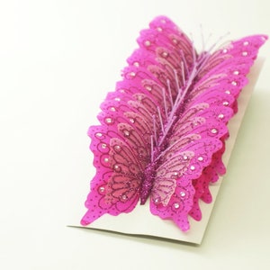4 inch Wings Fuchsia Glitter Monarch Feather Butterflies for Crafts DIY Mis Quince Quinceanera Wedding Wire Cake Topper - 12 PCS