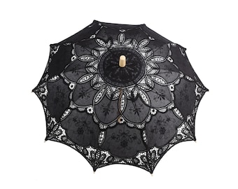 Full-Size 29" Black Vintage Cotton Lace Wedding Parasol Victorian Lace Parasol Wedding Ceremony Decoration Bridal Shower Gift