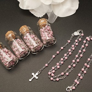 12PC Baptism Favors for Girl, Glass Bottle Full Size Pink Rosary Boy Baptism Favors, Rosary Favors Niña, Bautizo Recuerdos Rosario