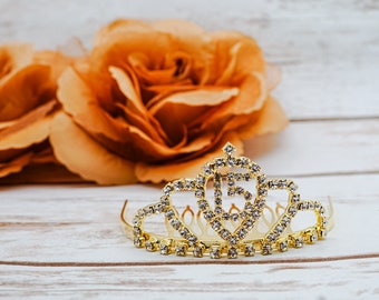 2.75" Miniature Gold Tiara Doll Crown Girl's Headpiece Quinceanera Decoration Cake Topper,  Quinceanera Photo Prop