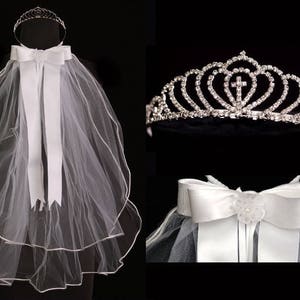 First Communion Tiara with Veil - Rhinestone Cross First Communion Veil Crown - 1st Holy Communion Veil Hair Piece - Primera Communion Tiara