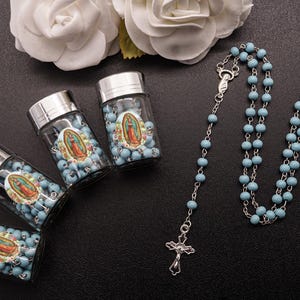 12 PC Silver Rosary with Blue Beads in 2&quot; Glass Bottle Container Jar w/ Silver Metallic Lid Baptism Favors, Guadalupe Bautizo Recuerdo, niño