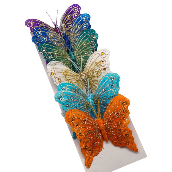 4 inch Wing Rainbow Mixed Monarch Feather Butterflies w Gold Glitter for Crafts DIY Quinceanera Wedding Wire Cake Topper - 12 PCS