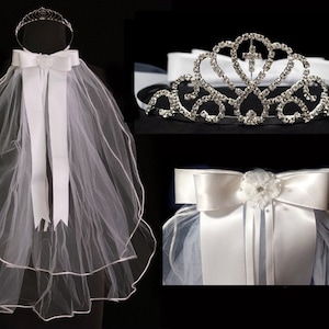 Girls Holy First Communion Tiara with Veil - Rhinestone Cross First Communion Veil - Primera Comunion First Communion Headpiece with Comb