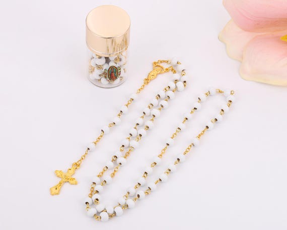 12 PC Gold Rosary White Beads in 2" Glass Bottle Container Jar with Gold Metallic Lid Baptism Favors, Guadalupe Bautizo Recuerdo
