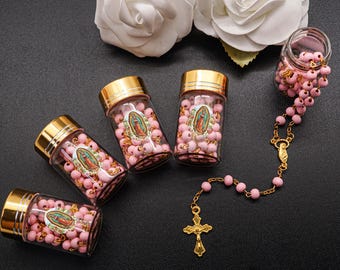 12 PC Gold Rosary White Beads in 2" Glass Bottle Container Jar with Gold Metallic Lid Baptism Favors, Guadalupe Bautizo Recuerdo