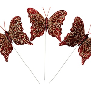 4 inch Wings Burgandy Glitter Monarch Feather Butterflies for Crafts DIY Mis Quince Quinceanera Wedding Wire Cake Topper - 12 PCS