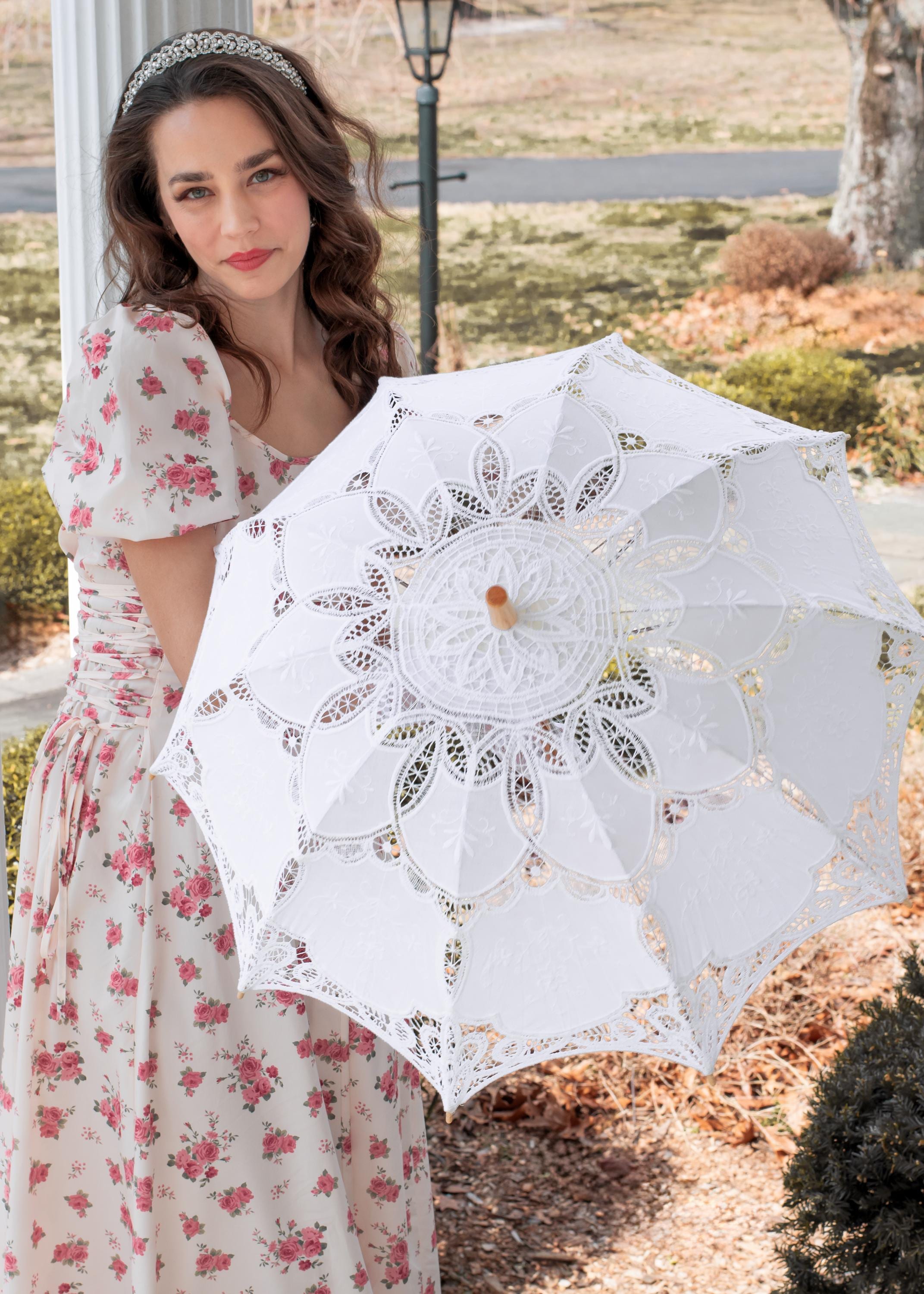 Full-Size 29" All White Vintage Cotton Lace Wedding Parasol Victorian Lace Parasol Wedding Ceremony Decoration Bridal Shower Gift